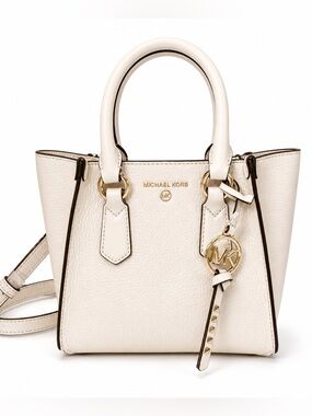 Michael Kors Kris Small Pebbled Leather Satchel Crossbody Bag in Light Cream